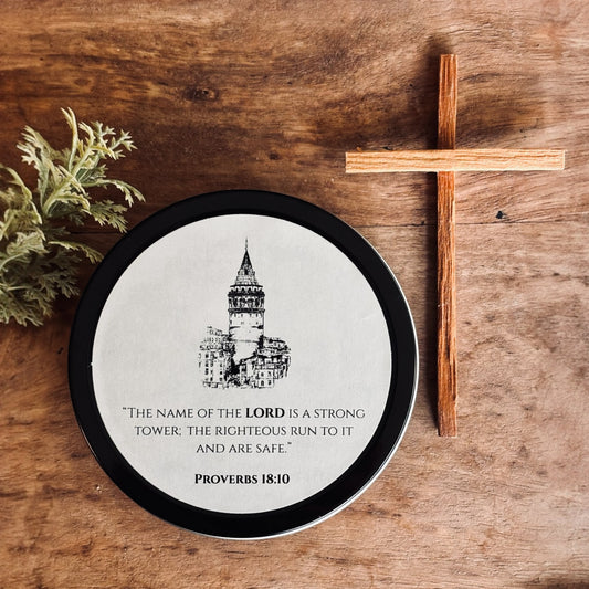 Sharing the Light 4 oz Scripture Candle Proverbs 18:10